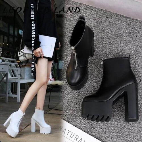 LEOPARD LAND Women Black White Ankle Boots Super High Heels Square Heels Round Toe Boots Zip elegant Party Night Club ZYW-659-12