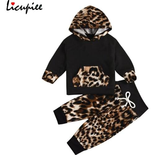 2pcs Baby Girl Boy Infant Leopard Outfits Toddler Long Sleeve Front Pocket Hooded Top Drawstring Trousers Spring 0-24 Months