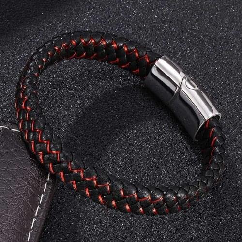 Fashion Men Jewelry Black Red Leather Bracelet Stainless Steel Magnetic Clasps Male Wrist Band Bangles Gifts S0013