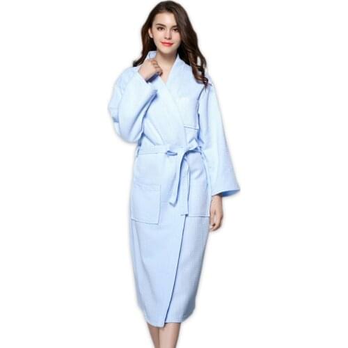 Japanese casual 100% waffle cotton robes women long kimono Hotel Simple bathrobes pure color couple SPA robes Plus size