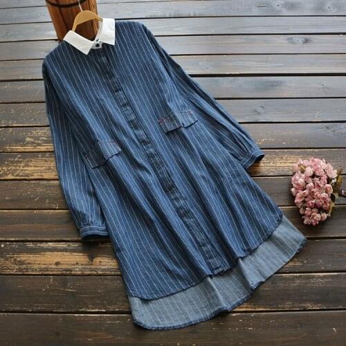 6614 Mori Girl Autumn Women Blouse Loose Stripe Denim Long Sleeve Casual Long Shirt Tops
