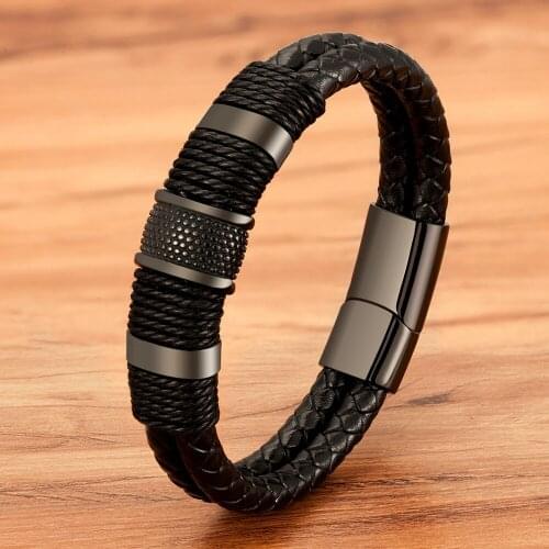 Woven Leather Rope Wrapping Special Style Classic Stainless Steel Mens Leather Bracelet Double-layer Design