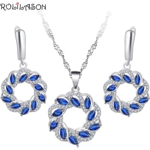 ROLILASON small fresh blue crystal zircon earrings / necklace / pendant / romantic Valentines Day gift JS807