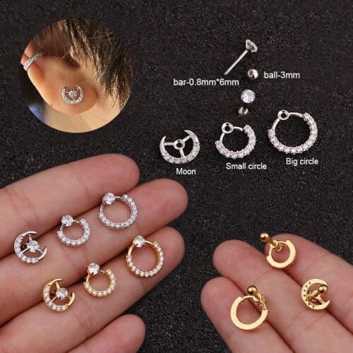 1PCS CZ Moon Circles Zircons Ear Cartilage Helix Piercing Jewelry Earring Tragus Rook Snug Ear Piercing Body Jewelry