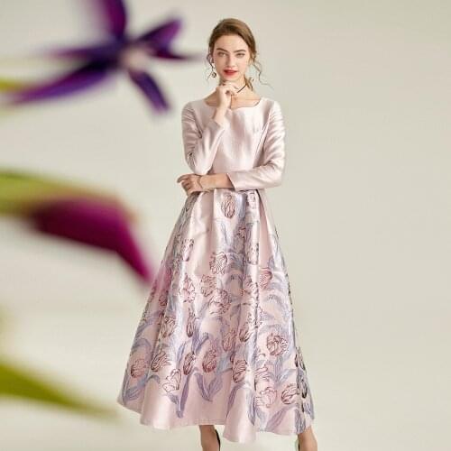 Spring Jacquard Runway Long Dress Pink Ball Gown Evening Full Length Gorgeous Floral Long Dress