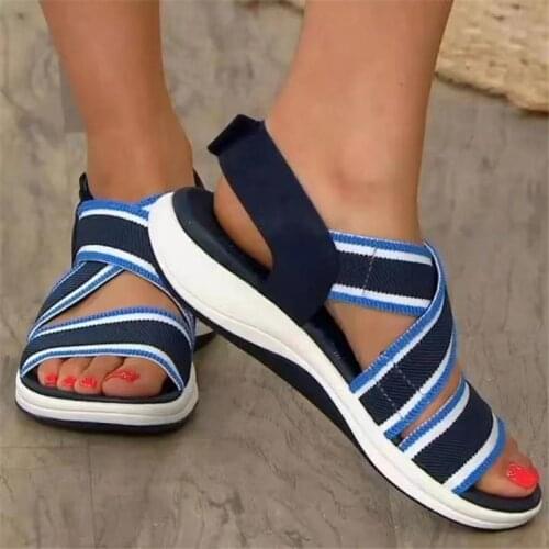 Women Stretch Fabric Sandals 2021 Summer Woman Hook Loops Flats Female Stripe Casual Footwear Ladies Comfortable Shoes Plus Size