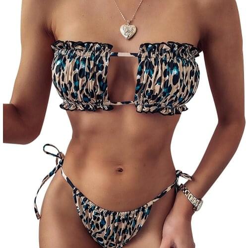 Women Sexy Leopard Pleated Tube Top Bra G-string Briefs Bikini Set Swimsuit