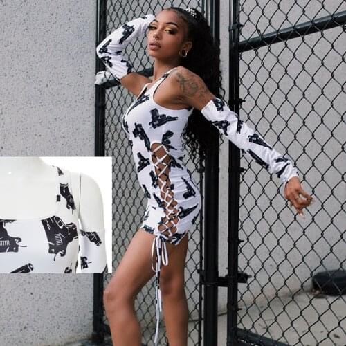 SKMY 2021 Summer New White Print Sling Halter Pleated Hand-Sleeved Dress Female Casual Sexy Bodycon Club Evening Party Dresses