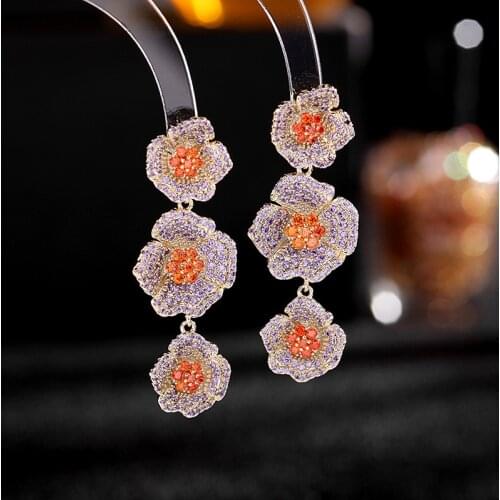Bilincolor Fashion Long Luxury Purple Flower Drop Earring for Women Jewelry
