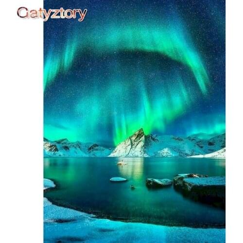 GATYZTORY Frame DIY Painting By Numbers Snow Mountain Lake Aurora Landscape Wall Art Canvas Painting Paint By Number Home Decor