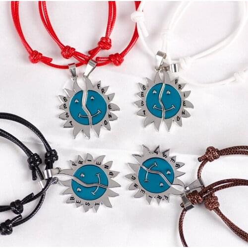 Hot Selling Best Friend Adjustable Size Leather Bracelet Stitching Sunflower Smiley Alloy Pendant Couple Charms Jewelry Gift New