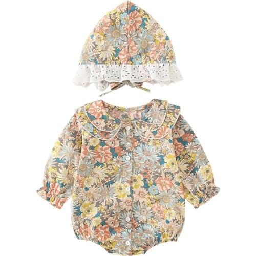 2021 Spring Autumn Baby Girl Rompers Cotton Jumpsuit + Hat Clothes Summer Flora Princess Rompers Baby Girl Clothes Baby Outfits
