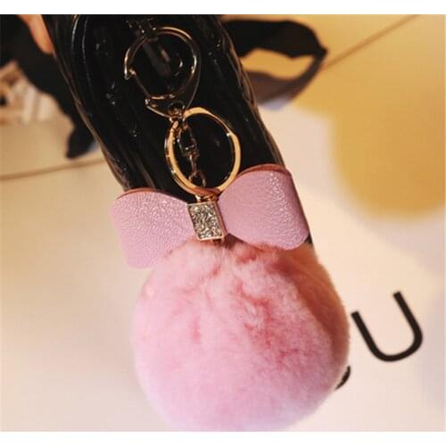 Korean Version of The Creative Rex Rabbit Hair Ball Crystal PU Bow Fur Bag Pendant Hair Ball Fashion Car Keychain Llavero Pompon