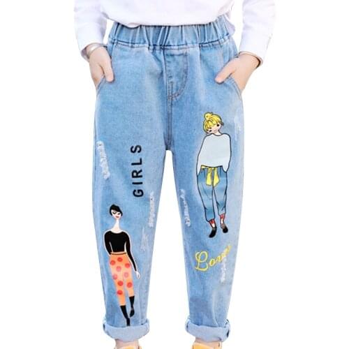 Fashion Cartoon Ripped Jeans For Teenage Girls Pants Children Jeans Elastic Waistband Casual Denim Pants Kids Trousers 3-14 Year