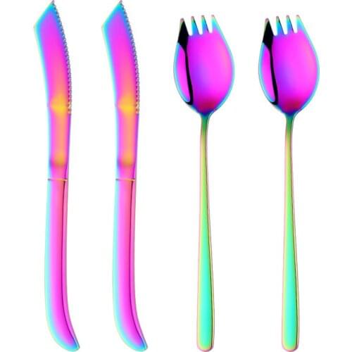 18/8 Stainless Steel Korean Kitchen Steak Fork Spoon Knife Set Special Designed 2 IN 1 Dinner Fork Silverware Dinnerware Set