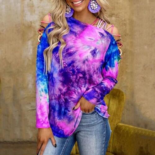New European And American Lady Tie Dyed Long Sleeves Slant Collar Off Shoulder Sexy Casual Top T-shirt For Women