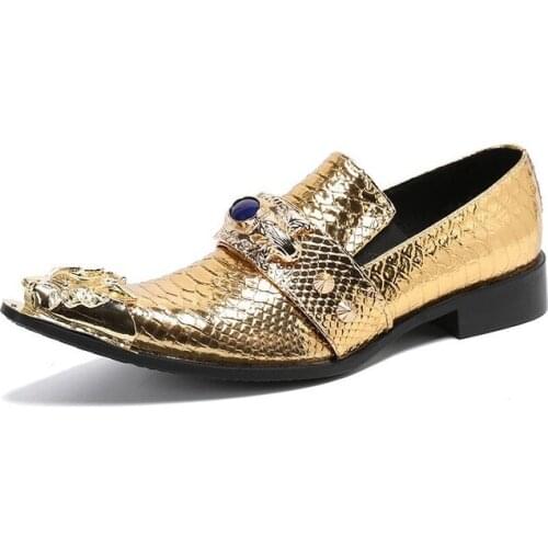 2021 New Luxury Chaussures Hommes Genuine Leather Shoes Men Pointed Metal Toe Golden Party and Wedding Footwear Shoes