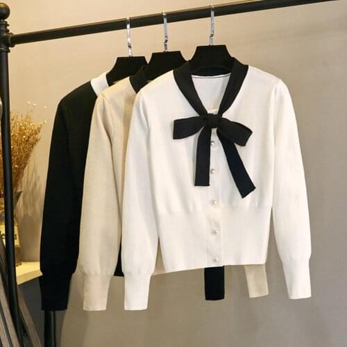 Autumn Women Long Sleeve Neck Tie Bowknot Knit Blouse Buttons Sweater Pullover