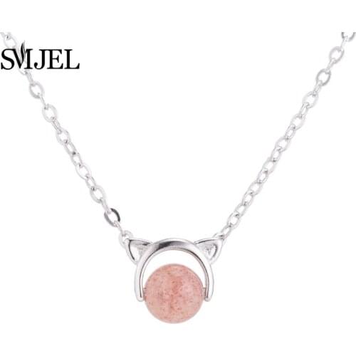 SMJEL Cute Kitty Simple Strawberry Crystal Cat Necklace Korean Clavicle Chain Jewelry Girl Gifts SYXL137