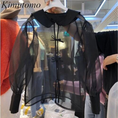 Kimutomo Mesh Perspective Shirt Women Summer New Peter Pan Collar Lantern Sleeve Bow Lace Up Solid Color Blouse Korea Elegant