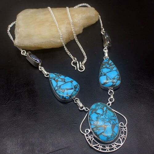 Rare Unique Blue Sea Sediment Biwa Pearl Silver Color Women Pendant Necklace Chain 19 Inch HD335