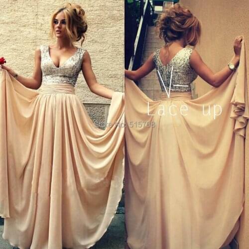 Best Selling Sexy V Neck Straps Sleeveless Champagne Lace Up Back Chiffon Formal Evening Gown Pageant Party Long Prom Dresses