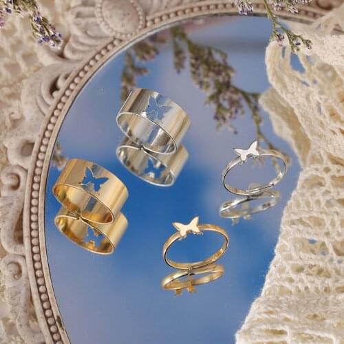Punk Simple Style Lovers Butterfly Opening Ring Creative Women Gold Silver Color 2-Piece Ring Jewelry Gifts For Good Friends