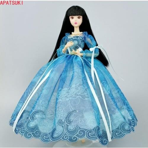 Blue Handmade Wedding Dress For Barbie Doll Outfits Clothes Puff Sleeve Bowknot Princess Party Gown 1/6 Dolls Accessories Toy