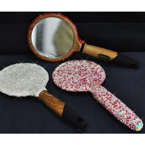 Sparkling Rhinestone Makeup Mirror Wooden Portable Handle Mirror Bling Diamond Room Table Makeup Decor Vanity Decor Round Mirror