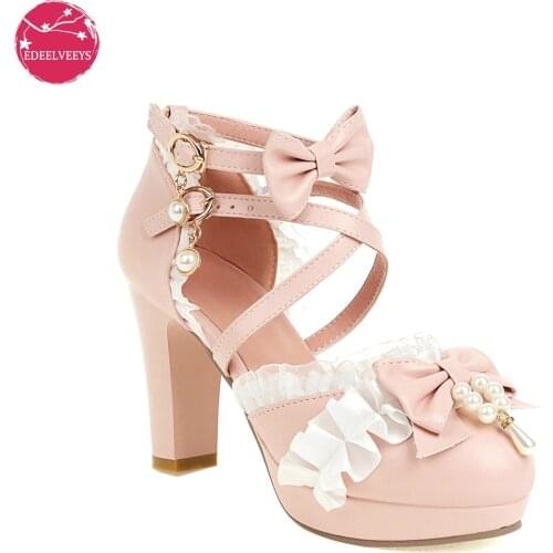 Side Empty High Heels Women Dress Shoes Ankle Strap String Bead Pearl Princess Cosplay Lolita Wedding Pumps Sweet Lace Edge Bow