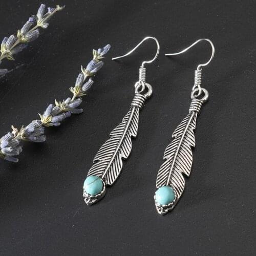 Bohemian Metal Feather Turquoises Stone Earrings for Women Vintage Antique Silver Color Coconut Palm Leaf Drop Earrings