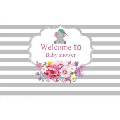 Baby Shower Party Backdrop Cute Elephant Peanut Celebrating Banner Grey Stripes Floral Portrait Background Poster Decorations