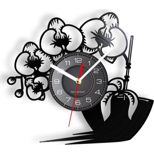 Butterfly Orchid Laser Etched Vinyl Wall Clock Vivid Potted Plant Never Faded Flower Wall Watch With LED Illumination Home Decor