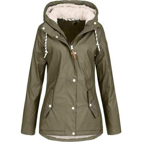 Army Green Jacket Hooded Drawstring Plus Cashmere Long Overcoat Women Warm Long-sleeved Button Placket Windbreaker Clothing Tops