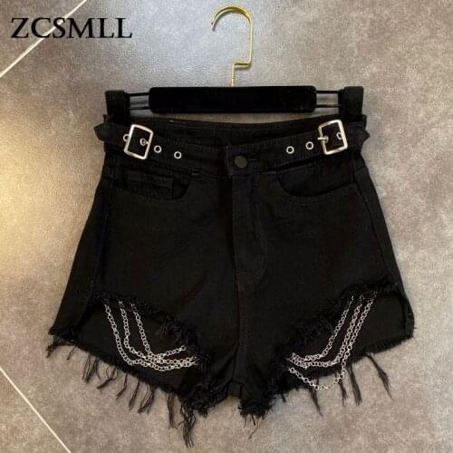 ZCSMLL Models Hollow Button Personality Hole Chain Decoration High Waist Denim Women Black Shorts 2021 Spring and Autumn Tide