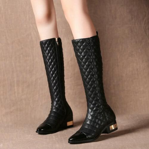 New Designer Women Genuine Leather Square Heel Riding Motorcycle Heel Knee High Autumn Winter Boots Platform Shoes Woman