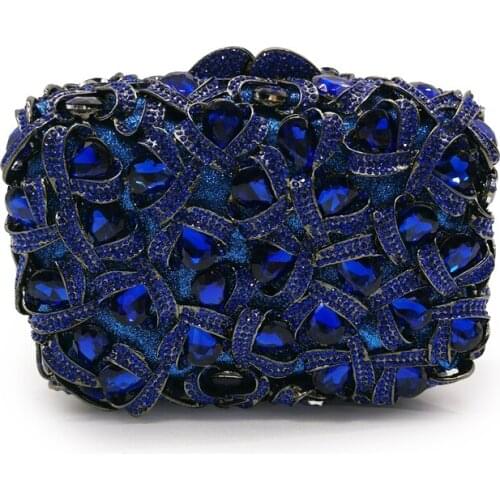 Female Hollow Out Rhinestone Purse Blue Metal Evening Bags Purses Lady Mini Dinner Clutches Shoulder Bags High Quality Handbag