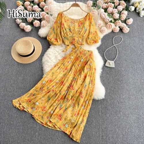 2021 summer new female lantern sleeve flower print chiffon shirts + high waist A-line skirt two-piece sets women sheath suits