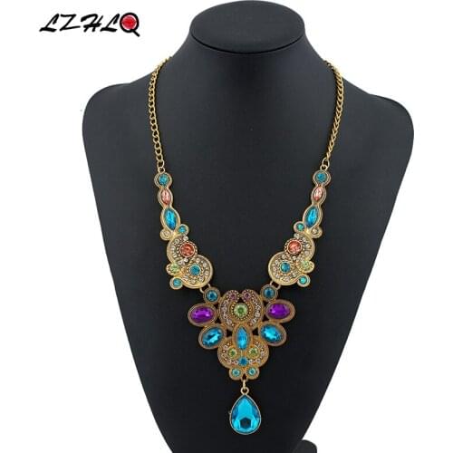 LZHLQ Exquisite Colorful Rhinestone Geometry Flowers Choker Statement Necklace Women Zinc Alloy Waterdrop Necklaces Pendants