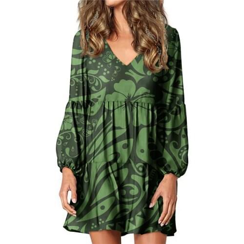 Hycool Free Shipping Women Sexy V-Neck Lantern Sleeve Loose Dresses For Dairy Life Hawaiian Plumeria Print Green Plus Size Dress