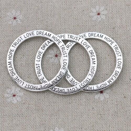 10PCS Antique Silver Plated Dream Hope Trust Love Circle Charm Pendants for Jewelry Making Bracelet DIY Accessories 36mm