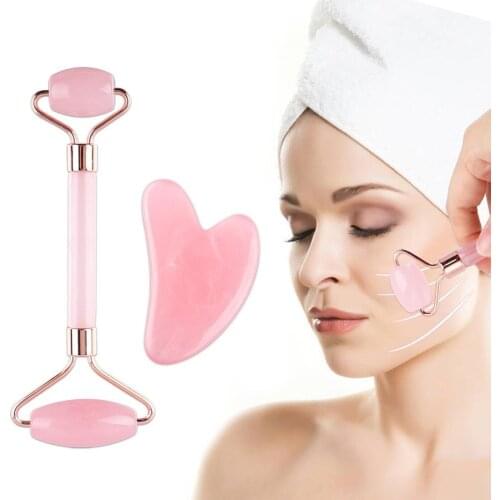 2pcs Face Massager Roller Natural Resin Guasha Board Scraper Set Facial Lift Skin Relaxation Slimming Beauty Neck Thin Tool