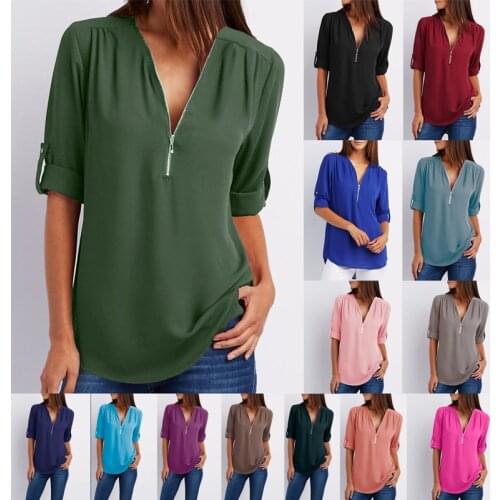 2021 European New Fashion Women Short Sleeve Blouse Plus Size Zipper Button Tops Ladies V-neck Casual Loose Chiffon Shirt 5XL