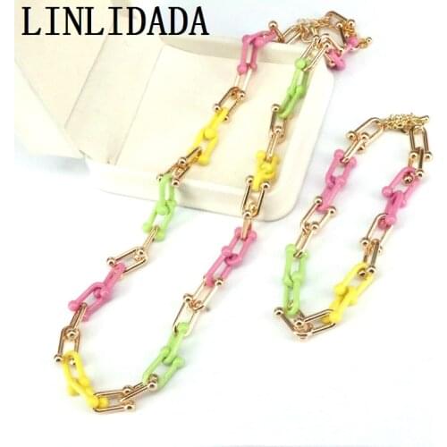 5Pcs Rainbow Enamel Pop Chain Necklace Bracelet, Colorful Chain Link Necklace, Retro Colorful Chain Necklaces Bracelet