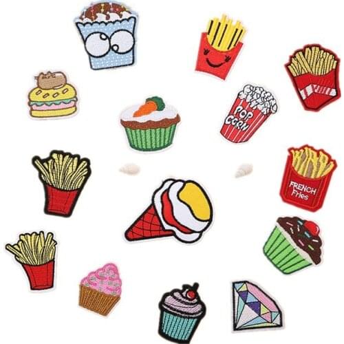 50pcs/lot Embroidery Patch Cake French Fries Chips Diamond Corn Icecream Diamond Clothing Decoration Iron Heat Transfer