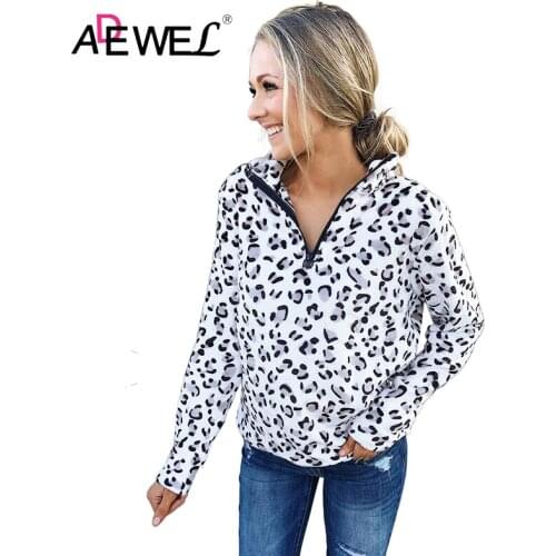 ADEWEL White Warm Quarter Zip Leopard Plus Size Sweatshirt Sudadera Mujer Women Oversized Winter Clothes Bluza Damska 2XL