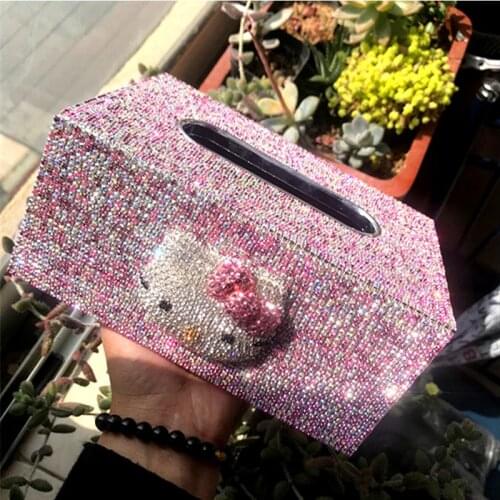 Car Tissue Box Bling Kitty Cat Napkin Holder Handmade Rhinestone Car Decor Home Kitchen Boxes for Decoration Wipes Case