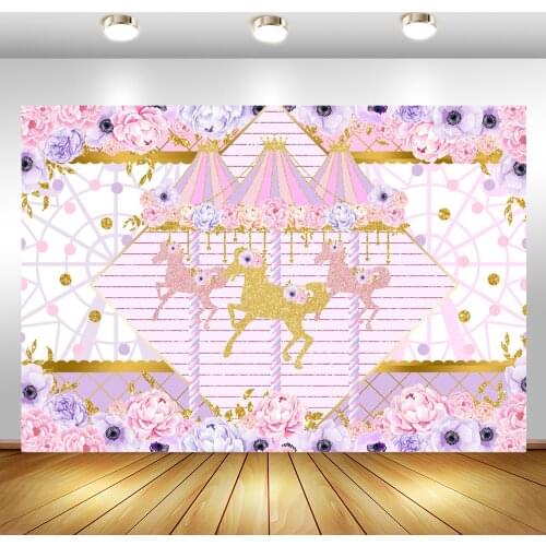 Glitter Pink And Purple Carousel Girl Birthday Party Background for Photography Flower Baby Shower Decoration Backdrop for Photo