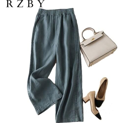 New Arrival Summer Women Arts Style High Waist Flank Wide Leg Trousers Vintage Cotton Linen Ankle-length Loose Pants RZBY301