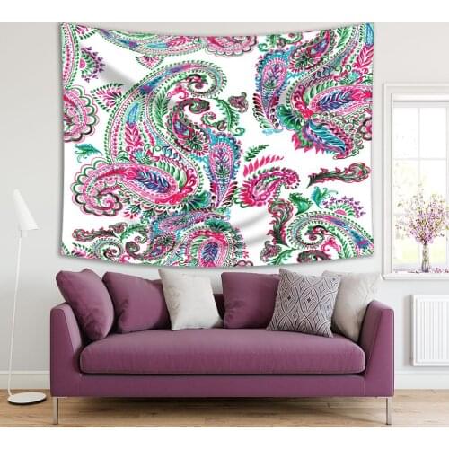 Tapestry Floral Paisley Pattern Leaves and Flowers Tribal Asian Style Ornament Art Green Fuchsia Blue